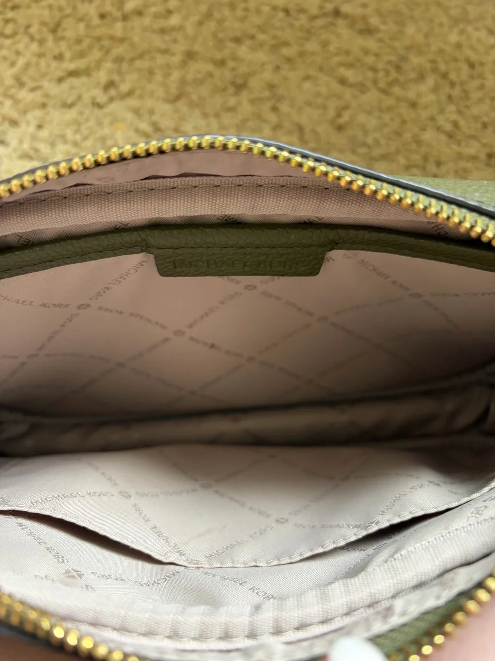 Michael Kors Olive Pebbled Leather Crossbody with Gold MK Emblem